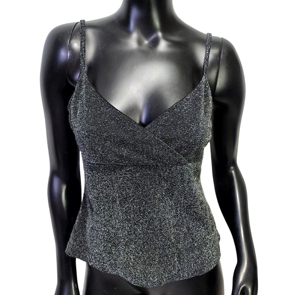 Vintage 90s Y2K‎ A.Fortiori Metallic Silver Black Shimmer Surplice Wrap Camisole